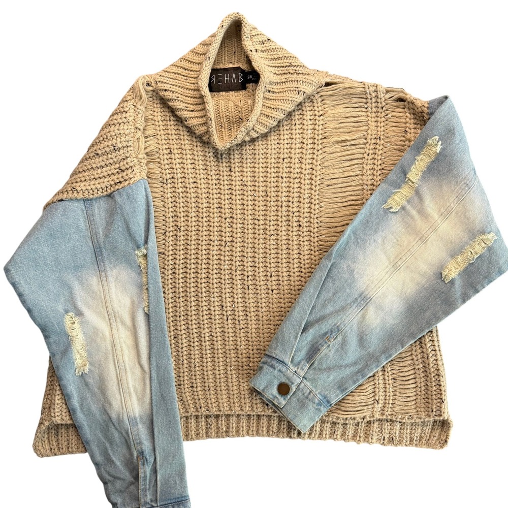 REHAB Mixed Media Sweater S/M Tan Distressed Denim Sleeve Streetwear Edgy Boho